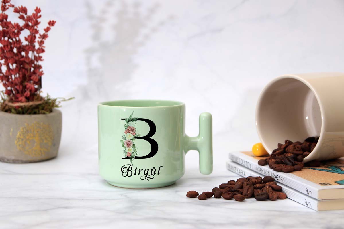 İSME ÖZEL (B) HARFLİ LATTE KUPA Pastel Yeşil