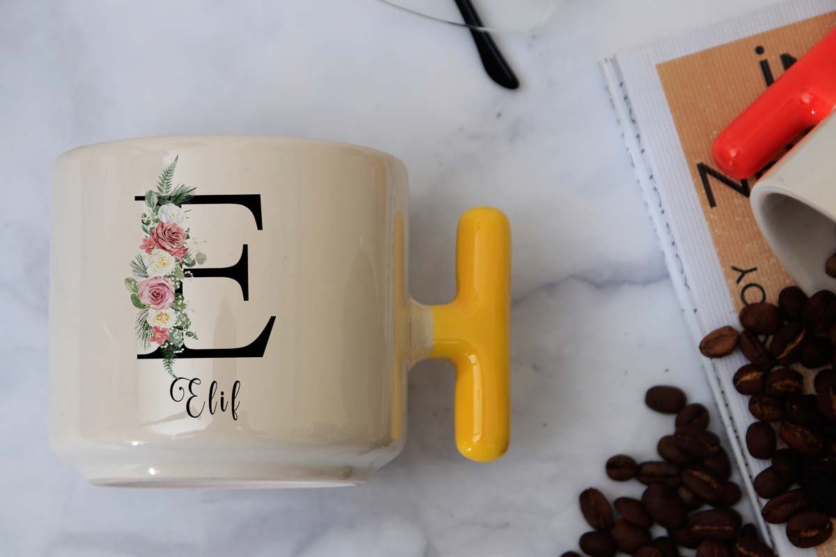 İSME ÖZEL (E) HARFLİ LATTE KUPA Sarı