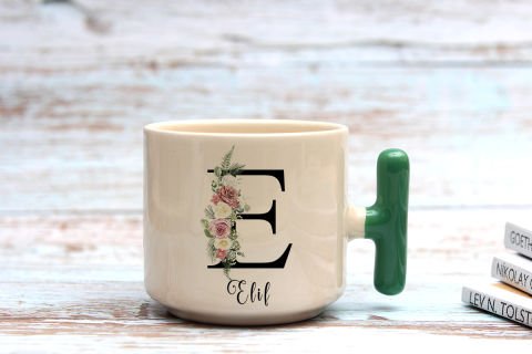 İSME ÖZEL (E) HARFLİ LATTE KUPA Yeşil