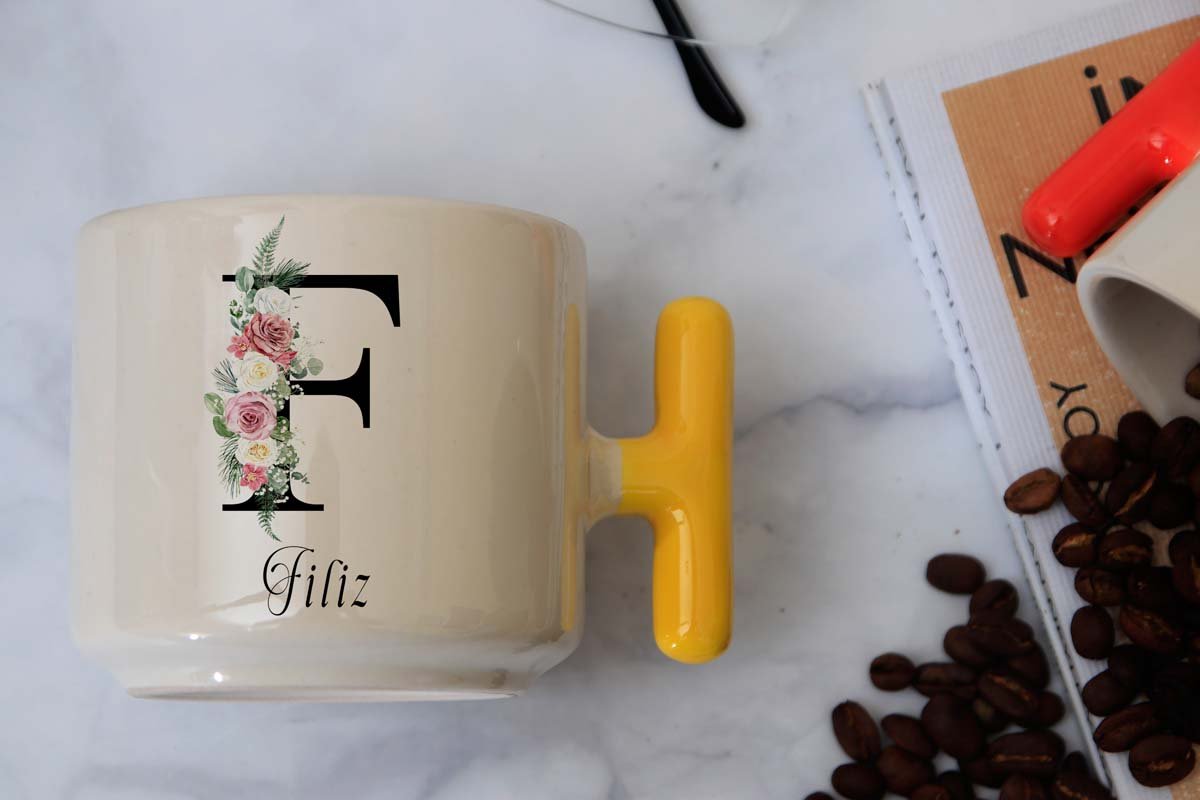 İSME ÖZEL (F) HARFLİ LATTE KUPA Sarı