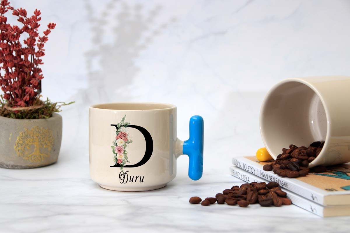 İSME ÖZEL (D) HARFLİ LATTE KUPA Mavi
